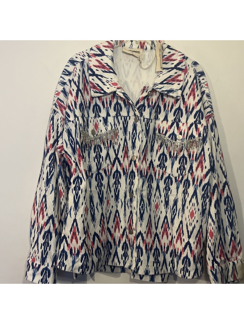 Savanna Jane Ikat Corduroy Jacket 2X NWT Rhinestone Fringe Western Boho Shacket